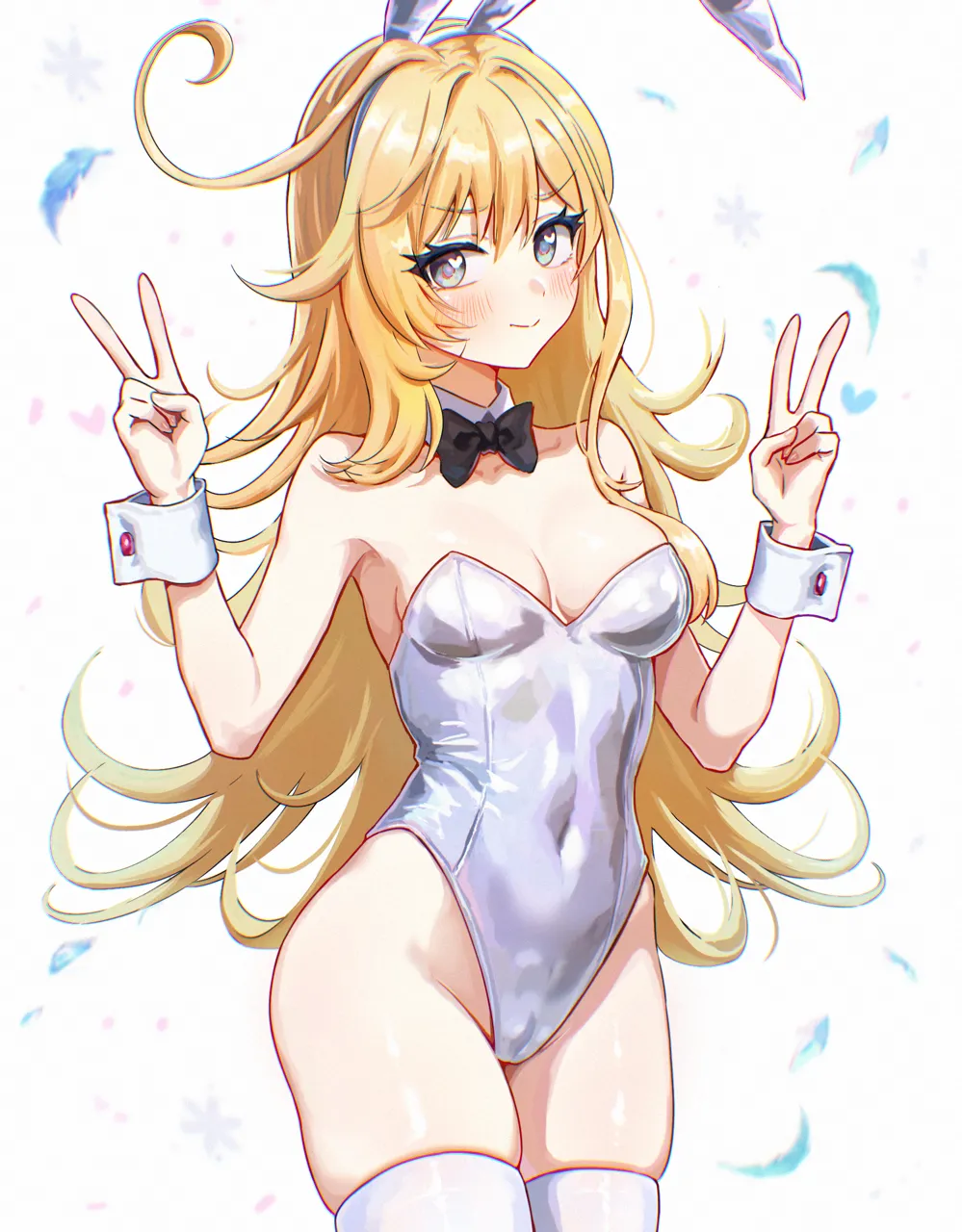 1girl alternate_costume animal_ear_hairband animal_ears black_bow black_bowtie blonde_hair bow bowtie breasts cowboy_shot detached_collar double_v fake_animal_ears grey_eyes hairband leotard medium_breasts playboy_bunny rabbit_ears shiny_clothes skindentation solo strapless strapless_leotard thighhighs w_arms white_leotard white_thighhighs wrist_cuffs so2mizura genshin_impact escoffier__genshin_impact