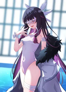 1girl bare_shoulders black_hair blunt_bangs blush breasts closed_eyes coat covered_navel fatui_coat fur_trim hand_up long_sleeves multicolored_hair one_piece_swimsuit parted_lips purple_hair school_swimsuit small_breasts smile solo standing swimsuit thighs white_coat white_one_piece_swimsuit cocoablue23 genshin_impact columbina__genshin_impact
