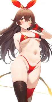 1girl amber__genshin_impact arm_behind_back asymmetrical_legwear bare_shoulders bikini blush bow__weapon breasts brown_eyes brown_hair collarbone crossed_bangs genshin_impact gloves hair_ribbon highleg highleg_bikini long_hair looking_at_viewer medium_breasts mismatched_legwear navel nekoshoko open_mouth red_bikini red_gloves red_ribbon ribbon simple_background solo standing swimsuit thighhighs thighs weapon white_background