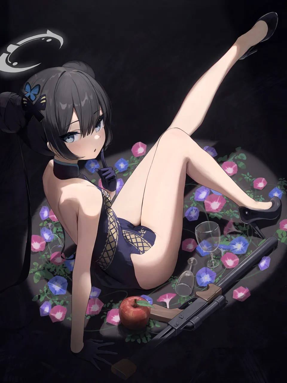 1girl apple backless_dress backless_outfit bare_arms bare_back bare_legs black_dress black_gloves black_hair black_shoes blue_flower braid braided_bun breasts butterfly_hair_ornament china_dress chinese_clothes cs_ls06 cup double_bun dragon_print dress drinking_glass flower food fruit gloves grey_eyes gun hair_between_eyes hair_bun hair_ornament halo high_heels knees_together_feet_apart legs long_hair long_legs looking_at_viewer morning_glory outstretched_leg pink_flower plantar_flexion print_dress pumps purple_flower shoes sitting sleeveless sleeveless_dress small_breasts solo submachine_gun thighs twintails weapon wine_glass hidulume blue_archive kisaki__blue_archive