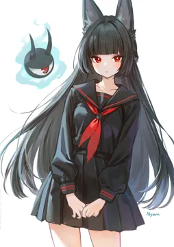 1girl alternate_costume animal_ear_fluff animal_ears artist_name black_hair black_sailor_collar black_serafuku black_shirt black_skirt blunt_bangs fox_ears fox_girl hair_intakes long_hair long_sleeves looking_at_viewer miniskirt neckerchief pleated_skirt puffy_long_sleeves puffy_sleeves red_eyes red_neckerchief sailor_collar school_uniform serafuku shirt simple_background skirt white_background adelie_cat zenless_zone_zero hoshimi_miyabi__zenless_zone_zero tailless__zenless_zone_zero