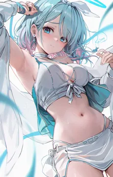 1girl alternate_breast_size alternate_costume arm_up armpits arona__blue_archive bare_shoulders blue_archive blue_eyes blue_hair blue_halo blue_ribbon blurry blush bow bow_hairband breasts choker closed_mouth cowboy_shot crop_top curvy depth_of_field dutch_angle earrings fingernails hairband halo highleg highleg_panties jewelry light_blue_hair looking_at_viewer medium_breasts midriff navel necklace off_shoulder open_clothes open_shirt panties re0n ribbon shirt short_hair shy simple_background skirt solo stomach tied_shirt triangle_earrings underwear white_background white_bow white_choker white_hairband white_shirt white_skirt