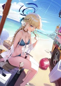 1girl alternate_costume ball bare_shoulders barefoot beach beachball bikini blonde_hair blue_archive blue_eyes blue_hair blue_halo bow bowtie braid braided_ponytail breasts case cherry choker cleavage cloud collarbone food front_tie_bikini_top front_tie_top fruit half_up_braid halo halterneck holding holding_spoon ice_cream legs long_hair looking_at_viewer medium_breasts motor_vehicle multicolored_hair navel ocean open_mouth outdoors sitting sky solo spoon stomach streaked_hair string_bikini sweat swimsuit thigh_strap thighs toes toki__blue_archive van yarn__yarn_03
