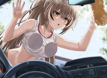 1girl against_glass against_window alternate_costume breast_press breasts breasts_on_glass brown_eyes brown_hair car car_interior collarbone from_below from_inside gardavwar hair_ornament hairclip hand_on_glass holding holding_sponge hololive hololive_english left_hand_drive long_hair medium_breasts midriff motor_vehicle nanashi_mumei navel on_car open_mouth ponytail rear_view_mirror shirt sleeves_rolled_up soap_bubbles solo speedometer sponge steering_wheel tied_shirt virtual_youtuber washing_vehicle windshield
