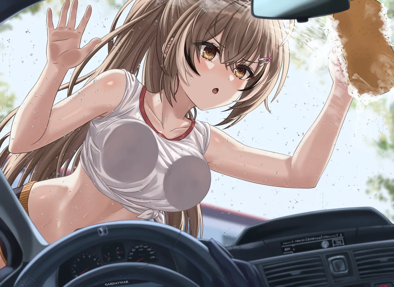 1girl against_glass against_window alternate_costume breast_press breasts breasts_on_glass brown_eyes brown_hair car car_interior collarbone from_below from_inside gardavwar hair_ornament hairclip hand_on_glass holding holding_sponge hololive hololive_english left_hand_drive long_hair medium_breasts midriff motor_vehicle nanashi_mumei navel on_car open_mouth ponytail rear_view_mirror shirt sleeves_rolled_up soap_bubbles solo speedometer sponge steering_wheel tied_shirt virtual_youtuber washing_vehicle windshield