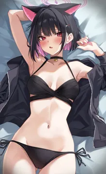 1girl alternate_costume animal_ears arm_up armpits ass_visible_through_thighs bare_shoulders bed_sheet bikini black_bikini black_choker blue_archive blush breasts cat_ears choker collarbone colored_inner_animal_ears colored_inner_hair cowboy_shot dorsiflexion__wrist embarrassed extra_ears fang hair_ornament hairclip halo jacket jacket_partially_removed kazusa__blue_archive long_sleeves lying marisasu__marisa0904 medium_breasts multicolored_hair navel on_back open_clothes open_jacket open_mouth pink_halo red_eyes short_hair side_tie_bikini_bottom skin_fang slit_pupils solo stomach swimsuit