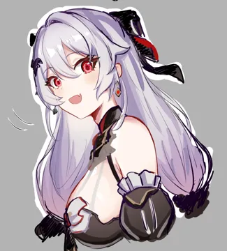 1girl bare_shoulders blush breasts detached_sleeves earrings fang grey_background grey_hair hair_between_eyes hair_ornament jewelry large_breasts long_hair looking_at_viewer open_mouth red_eyes simple_background skin_fang smile solo upper_body mini2chainz honkai__series honkai_impact_3rd theresa_apocalypse__honkai__series theresa_apocalypse__luna_kindred__honkai__series theresa_apocalypse__lunar_vow__crimson_love__honkai__series