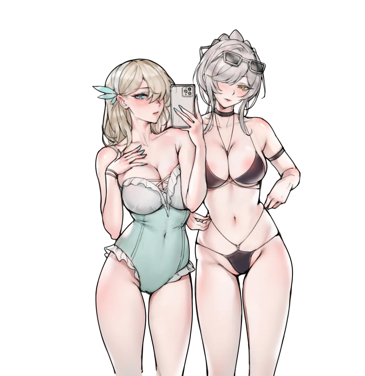 2girls arm_strap bikini black_bikini black_choker blonde_hair blue_eyes blue_nails blue_one_piece_swimsuit blush bracelet breasts choker covered_navel eyewear_on_head feather_hair_ornament feathers frilled_one_piece_swimsuit frills gradient_one_piece_swimsuit grey_hair hair_behind_ear hair_ornament hair_over_one_eye hairband hand_on_own_chest holding holding_phone jewelry large_breasts long_hair looking_at_viewer micro_bikini multi_strapped_bikini_bottom multi_strapped_bikini_top multiple_girls navel necklace nose_blush one_piece_swimsuit phone simple_background stomach strapless strapless_one_piece_swimsuit sunglasses swimsuit taking_picture white_background white_hairband white_one_piece_swimsuit yellow_eyes gdhs warship_girls_r hancock__warship_girls_r lexington__cv_16__warship_girls_r
