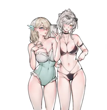 2girls arm_strap bikini black_bikini black_choker blonde_hair blue_eyes blue_nails blue_one_piece_swimsuit blush bracelet breasts choker covered_navel eyewear_on_head feather_hair_ornament feathers frilled_one_piece_swimsuit frills gradient_one_piece_swimsuit grey_hair hair_behind_ear hair_ornament hair_over_one_eye hairband hand_on_own_chest holding holding_phone jewelry large_breasts long_hair looking_at_viewer micro_bikini multi_strapped_bikini_bottom multi_strapped_bikini_top multiple_girls navel necklace nose_blush one_piece_swimsuit phone simple_background stomach strapless strapless_one_piece_swimsuit sunglasses swimsuit taking_picture white_background white_hairband white_one_piece_swimsuit yellow_eyes gdhs warship_girls_r hancock__warship_girls_r lexington__cv_16__warship_girls_r