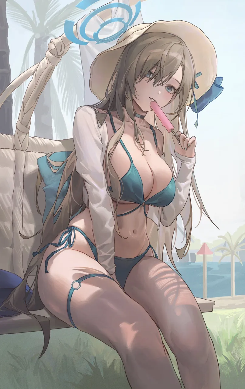 1girl alternate_costume asuna__blue_archive between_legs bikini black_choker blue_archive blue_bikini blue_eyes blue_nails blue_ribbon breasts brown_hair choker collarbone dappled_sunlight feet_out_of_frame fingernails food grass hair_over_one_eye hair_ribbon halo hand_between_legs hat highleg highleg_bikini holding holding_food holding_popsicle hy__hem_oo large_breasts legs_together long_bangs long_hair long_sleeves looking_at_viewer mole mole_on_breast multi_strapped_bikini_top nail_polish navel o_ring o_ring_bikini o_ring_thigh_strap o_ring_top off_shoulder open_clothes outdoors palm_tree popsicle ribbon shade side_tie_bikini_bottom sitting skindentation sleeves_past_wrists solo stomach sun_hat sunlight swimsuit thigh_strap thighs tree very_long_hair