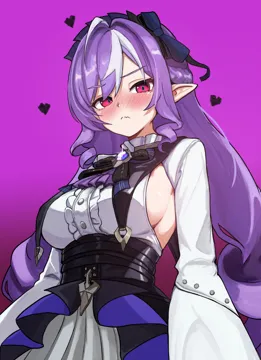 1girl ascot black_ribbon blush breasts buttons closed_mouth dress frills gem gradient_background hair_ribbon heart large_breasts long_hair long_sleeves looking_at_viewer mole mole_under_eye multicolored_hair pink_background pointy_ears purple_ascot purple_gemstone purple_hair red_eyes ribbon shrug__clothing sideboob solo streaked_hair underbust very_long_hair white_dress white_hair white_shrug white_streaks otakami999 zenless_zone_zero vivian__zenless_zone_zero