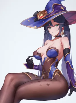 1girl bare_shoulders black_choker black_gloves black_hair bodystocking breasts brown_pantyhose center_opening choker collarbone compass_rose crescent crescent_hat_ornament crossed_legs detached_sleeves earrings elbow_gloves feet_out_of_frame genshin_impact gloves gold_trim green_eyes hair_ribbon hat hat_ornament hat_ribbon highleg highleg_leotard jewelry leotard leotard_tug long_hair looking_at_viewer medium_breasts mona__genshin_impact nitro__mugityaoisii no_cape pantyhose print_pantyhose ribbon sidelocks simple_background single_earring sitting solo sparkle_print star__symbol star_choker star_earrings star_hat_ornament star_print strapless strapless_leotard thighlet twintails very_long_hair white_background witch_hat