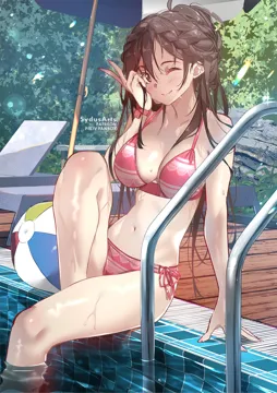 1girl artist_name ball beach_umbrella beachball bikini braid breasts brown_eyes brown_hair chair fanbox_username fingernails kanojo_okarishimasu large_breasts long_fingernails long_hair looking_at_viewer lounge_chair mizuhara_chizuru one_eye_closed outdoors patreon_username pool_ladder poolside red_bikini side_tie_bikini_bottom sitting soaking_feet swept_bangs swimsuit sydus umbrella