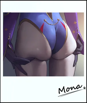 1girl ass ass_focus ass_support black_gloves blue_leotard character_name close_up from_behind gloves gradient_background highleg highleg_leotard leotard long_sleeves pantyhose solo sparkle_print thighs midfinger genshin_impact mona__genshin_impact