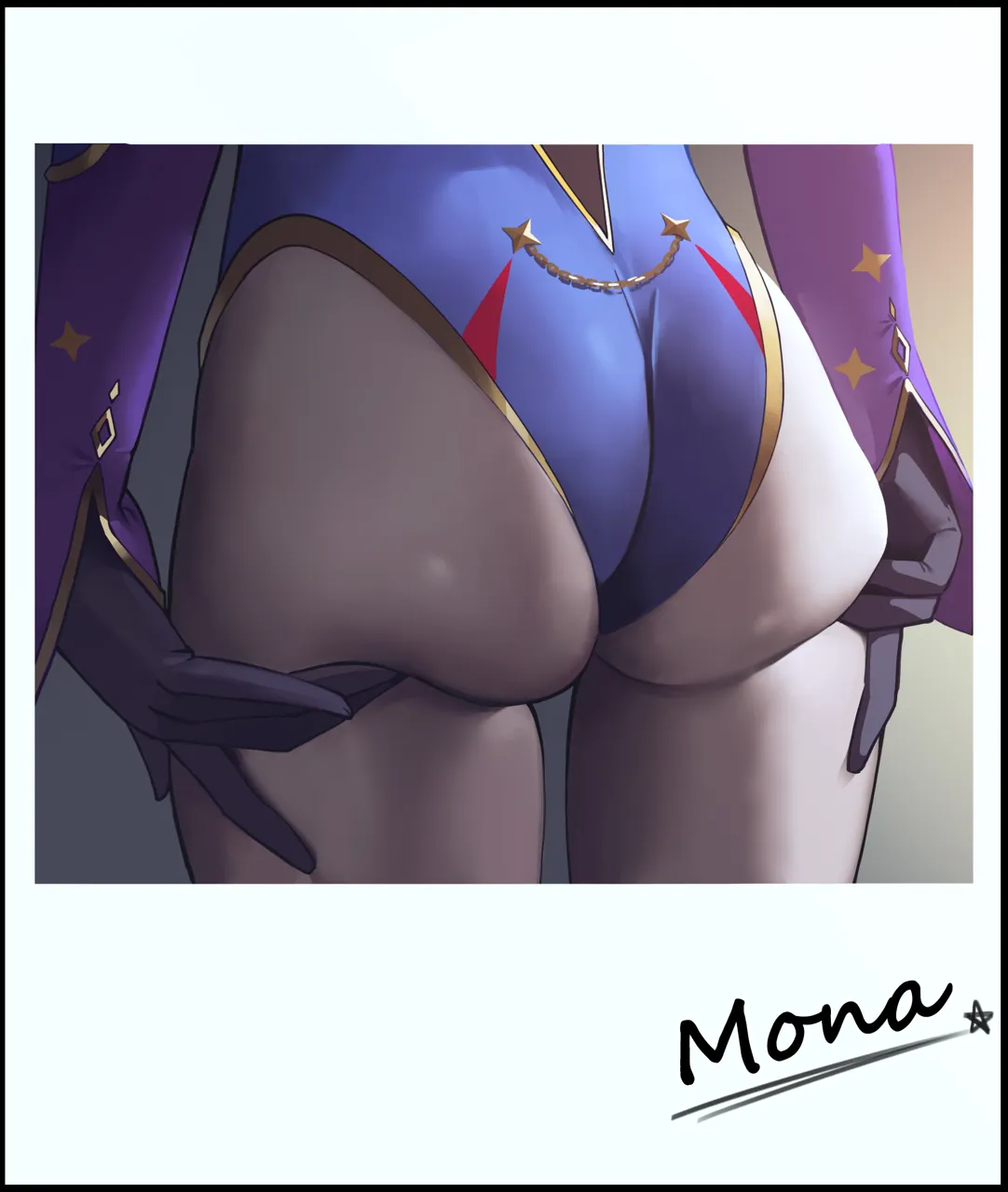 1girl ass ass_focus ass_support black_gloves blue_leotard character_name close_up from_behind gloves gradient_background highleg highleg_leotard leotard long_sleeves pantyhose solo sparkle_print thighs midfinger genshin_impact mona__genshin_impact