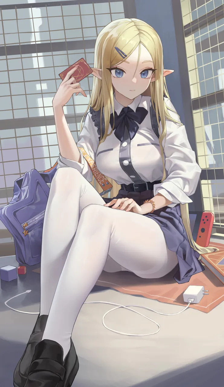 1girl black_bow black_bowtie black_shoes blonde_hair blue_eyes blue_skirt bow bowtie cable card charger closed_mouth ears_visible_through_hair elf hair_between_eyes hair_ornament hairclip hexagram holding holding_card indoors loafers long_hair looking_at_viewer miniskirt nintendo_switch pantyhose pleated_skirt pointy_ears school_uniform shirt shirt_tucked_in shoes sitting skirt solo white_pantyhose white_shirt xzu