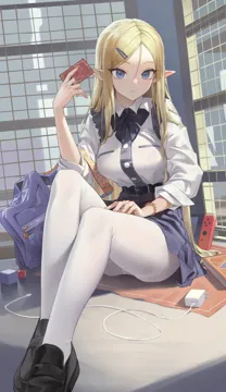 1girl black_bow black_bowtie black_shoes blonde_hair blue_eyes blue_skirt bow bowtie cable card charger closed_mouth ears_visible_through_hair elf hair_between_eyes hair_ornament hairclip hexagram holding holding_card indoors loafers long_hair looking_at_viewer miniskirt nintendo_switch pantyhose pleated_skirt pointy_ears school_uniform shirt shirt_tucked_in shoes sitting skirt solo white_pantyhose white_shirt xzu