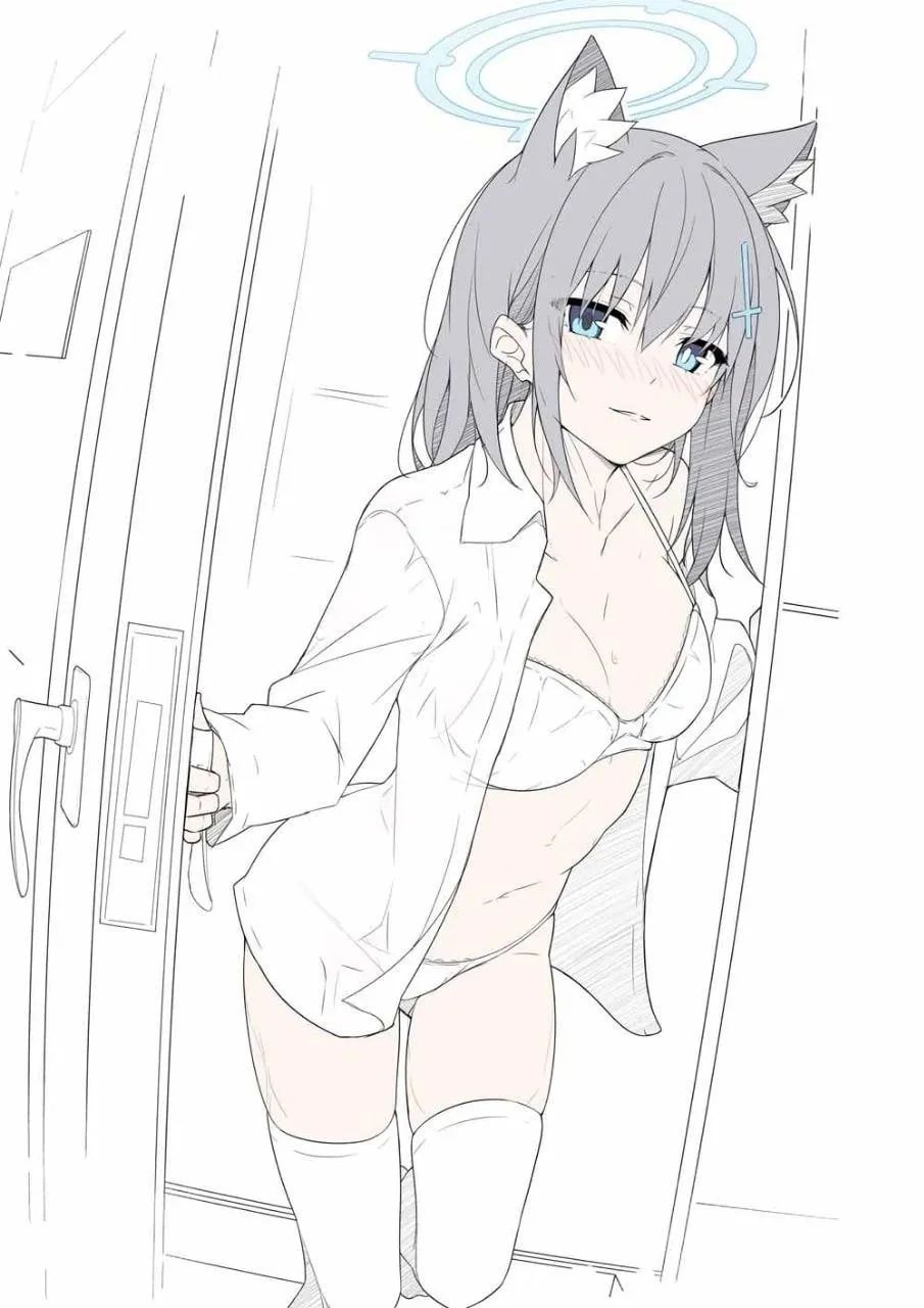 1girl animal_ears bangs blue_eyes blush bra breasts cat_ears cleavage collarbone dress_shirt eyebrows_visible_through_hair hair_between_eyes hair_ornament hairclip halo long_hair looking_at_viewer medium_breasts navel open_clothes open_shirt panties parted_lips shirt sleeves_past_wrists small_breasts smile solo standing thighhighs underwear white_bra white_panties white_shirt t1kosewad blue_archive shiroko__blue_archive