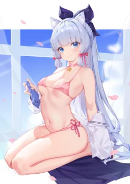 1girl akovo animal_ears bikini blue_eyes blunt_bangs breasts cat_ears choker closed_mouth falling_petals full_body genshin_impact grey_hair hair_ribbon high_ponytail holding_neckerchief kamisato_ayaka kemonomimi_mode long_hair medium_breasts mole mole_under_eye navel neckerchief petals pink_bikini pink_choker ponytail ribbon school_uniform seiza serafuku sidelocks sitting smile solo stomach swimsuit thighs tress_ribbon undressing unworn_neckerchief very_long_hair
