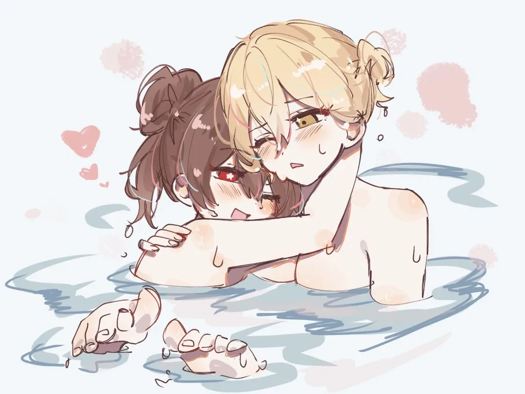 2girls arm_around_neck barefoot bathing blonde_hair blush breasts brown_hair hair_up hand_on_another_s_shoulder heart hug looking_at_another multiple_girls one_eye_closed open_mouth partially_submerged red_eyes same_sex_bathing shared_bathing smile star_shaped_pupils star__symbol symbol_shaped_pupils toes water yuri jako_gnsn genshin_impact hu_tao__genshin_impact lumine__genshin_impact