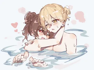2girls arm_around_neck barefoot bathing blonde_hair blush breasts brown_hair hair_up hand_on_another_s_shoulder heart hug looking_at_another multiple_girls one_eye_closed open_mouth partially_submerged red_eyes same_sex_bathing shared_bathing smile star_shaped_pupils star__symbol symbol_shaped_pupils toes water yuri jako_gnsn genshin_impact hu_tao__genshin_impact lumine__genshin_impact