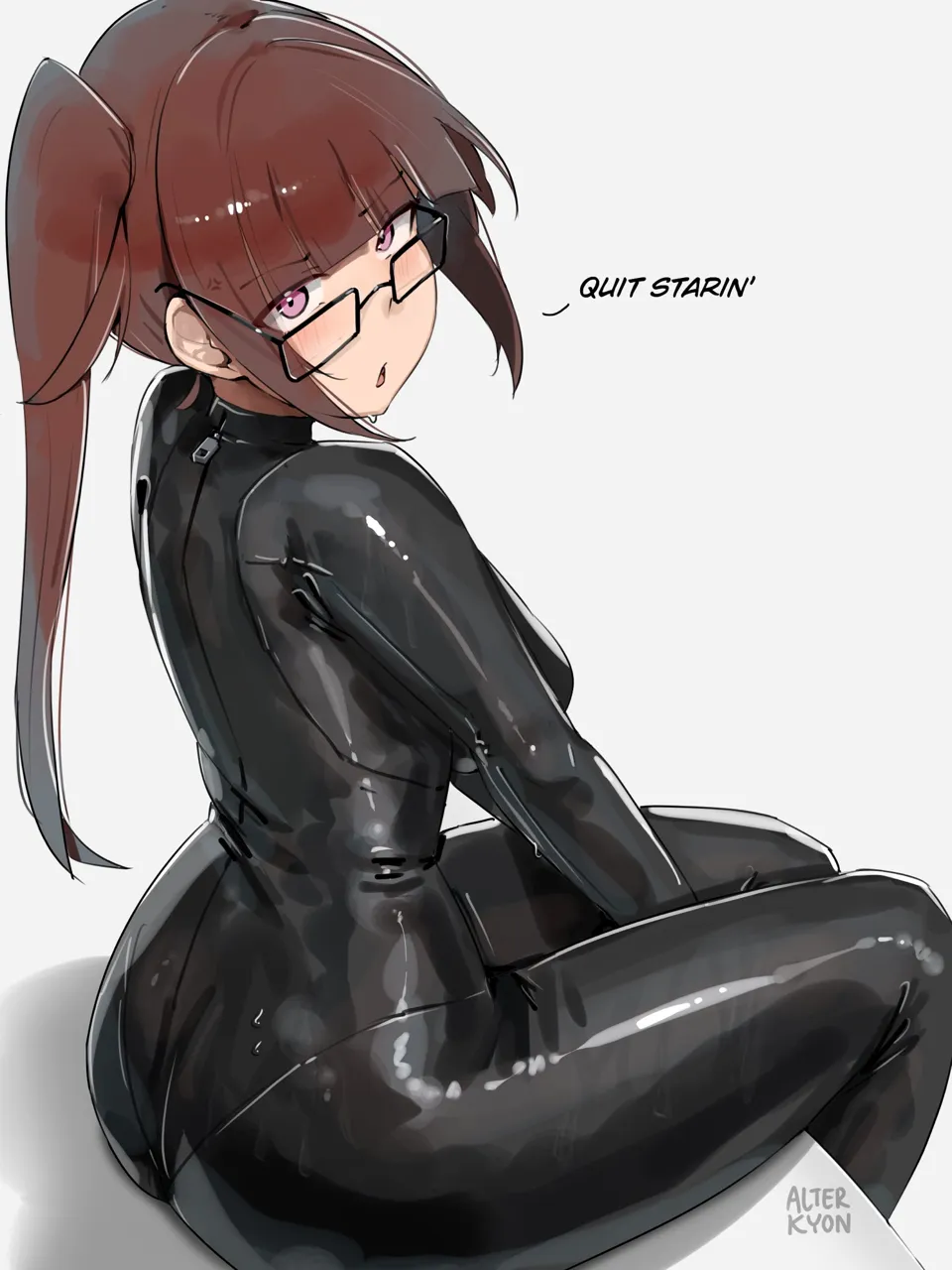 ass bodysuit breasts brown_hair english_text from_behind glasses large_breasts latex latex_bodysuit looking_at_viewer open_mouth pink_eyes side_ponytail white_background alterkyon