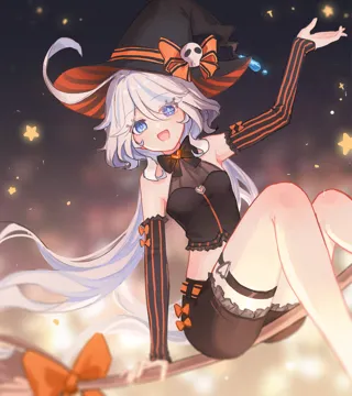 1girl ahoge alternate_costume arm_up armpits bare_shoulders black_hat black_shirt black_shorts blue_eyes blurry breasts broom broom_riding crop_top depth_of_field detached_sleeves eyelash_ornament halloween hat long_hair long_sleeves looking_at_viewer low_ponytail midriff mismatched_pupils multicolored_hair open_mouth ponytail shirt short_shorts shorts sleeveless sleeveless_shirt small_breasts smile solo streaked_hair striped_sleeves thigh_strap thighs very_long_hair white_hair witch_hat yukiri__l_ii genshin_impact furina__genshin_impact