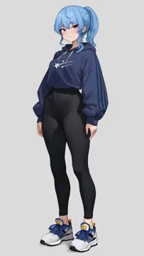 1girl alternate_costume arms_at_sides black_pants blue_eyes blue_hair blue_hoodie bluefield breasts closed_mouth cross_laced_footwear drawstring expressionless full_body grey_background hair_between_eyes high_waist_pants hololive hood hoodie hoshimachi_suisei light_blush long_sleeves looking_at_viewer medium_breasts pants ponytail puffy_long_sleeves puffy_sleeves shoes simple_background sneakers solo standing star__symbol star_in_eye star_print symbol_in_eye virtual_youtuber yoga_pants