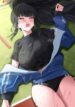 1girl alternate_costume alternate_hairstyle black_hair black_shirt blue_archive blunt_bangs blush breasts breath bright_pupils buruma cosplay gym_uniform hair_spread_out halo jacket large_breasts long_hair long_sleeves lying on_back open_mouth partially_unzipped ponytail red_eyes rio__blue_archive saliva shirt solo sweat thighs track_jacket very_long_hair wood yuki__asayuki101 yuuka__blue_archive yuuka__blue_archive__cosplay yuuka__track__blue_archive