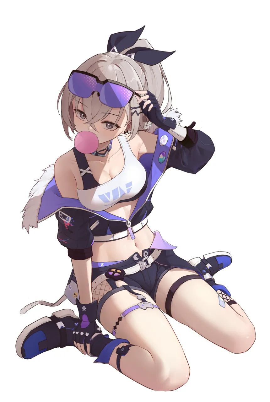 1girl bare_shoulders black_boots black_gloves black_jacket black_ribbon black_shorts blowing_bubbles boots bra_strap breasts crop_top fingerless_gloves gloves grey_eyes grey_hair hair_between_eyes hair_ribbon hand_up jacket long_hair looking_at_viewer midriff navel off_shoulder ponytail ribbon shirt short_shorts shorts simple_background single_shoulder_shirt sitting solo stomach thigh_strap thighs wariza white_background white_shirt hasu_no_shiro honkai__star_rail honkai__series silver_wolf__honkai__star_rail