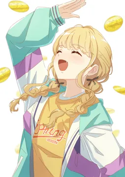 1girl arm_up blonde_hair blush braid closed_eyes coin fang hair_ribbon jacket long_hair long_sleeves multicolored_jacket open_clothes open_jacket ribbon shirt smile solo twin_braids upper_body white_background yellow_shirt kumo33 gakuen_idolmaster idolmaster fujita_kotone__idolmaster