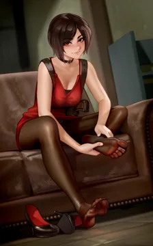 1girl ada_wong black_panties black_pantyhose blush bob_cut breasts brown_eyes brown_hair choker cleavage dress feet foot_focus gun handgun hands_on_feet high_heels holster indoors kairunoburogu legs lipstick looking_at_viewer makeup medium_breasts no_shoes panties panty_peek pantyhose pantyshot red_dress red_lips resident_evil resident_evil_2 short_hair shoulder_holster sitting smile soles solo toes underwear upskirt weapon