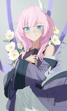 1girl bare_shoulders blue_eyes book coat dress flower hair_ornament holding holding_book jewelry looking_at_viewer medium_hair necklace pink_hair purple_coat smile solo white_dress lupinu5 honkai__star_rail honkai__series cyrene__honkai__star_rail