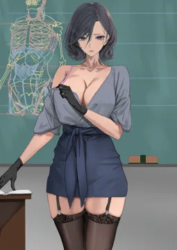 1girl art_teacher__kesoshirou black_garter_straps black_gloves black_hair black_thighhighs blue_shirt blue_skirt blush bra bra_strap breasts chalkboard cleavage collarbone garter_straps gloves grey_eyes kesoshirou large_breasts looking_at_viewer mature_female off_shoulder parted_lips purple_bra shirt shirt_tucked_in short_hair single_bare_shoulder skindentation skirt solo standing thighhighs thighs underwear