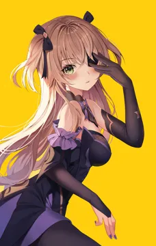 1girl bare_shoulders black_dress black_gloves blonde_hair bow bowtie breasts bridal_gauntlets detached_collar dress elbow_gloves eyepatch from_side gloves green_eyes hair_over_one_eye hair_ribbon hand_up long_hair looking_at_viewer looking_to_the_side medium_breasts nail_polish parted_lips ribbon simple_background solo two_side_up yellow_background niji__rudduf232 genshin_impact fischl__genshin_impact