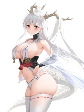 1girl ano__madoka23 azur_lane bare_shoulders blush breast_curtains breasts center_opening detached_sleeves dragon_girl dragon_horns dragon_tail hair_on_horn horns japanese_clothes large_breasts long_hair looking_at_viewer navel red_eyes revealing_clothes ribbon_trim ribbon_trimmed_clothes ribbon_trimmed_thighhighs shimanto__azur_lane sideboob simple_background skindentation solo standing tail thick_thighs thighhighs thighs underwear very_long_hair white_hair white_tail white_thighhighs