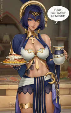 1girl 2022 ancient_egyptian ancient_egyptian_clothes artist_name blue_eyes blue_gemstone blue_hair blue_nails blurry blurry_background breasts brooch candace__genshin_impact cleavage cowboy_shot dark_skin dark_skinned_female detached_sleeves english_text eye_of_horus food gem genshin_impact gold_trim hair_over_shoulder heterochromia holding holding_food holding_jug holding_plate jewelry large_breasts lips looking_at_viewer nail_polish navel neck_ring nose parted_lips pelvic_curtain pitcher__container plate sciamano240 short_hair_with_long_locks sidelocks signature single_bare_shoulder skirt smile solo speech_bubble standing stomach teeth thighlet thighs wide_sleeves yellow_eyes