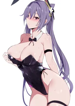 1girl alternate_costume animal_ears arm_behind_back arm_strap bare_legs bare_shoulders black_bow black_bowtie black_leotard blush bow bowtie breasts breath cleavage closed_mouth cone_hair_bun detached_collar embarrassed fake_animal_ears flower from_side genshin_impact groin hair_between_eyes hair_bow hair_bun hair_flower hair_ornament half_closed_eyes hand_on_own_chest highleg highleg_leotard keqing__genshin_impact large_breasts leaning_forward leotard long_hair looking_at_viewer muoto nose_blush parted_bangs pink_eyes playboy_bunny purple_bow purple_hair rabbit_ears sideboob sidelocks simple_background skindentation solo standing straight_hair strapless strapless_leotard sweat thick_thighs thigh_strap thighs twintails very_long_hair white_background white_flower