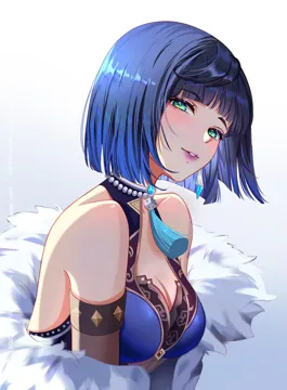 1girl backless_dress backless_outfit bare_shoulders blue_hair blush bob_cut breasts brooch cleavage dress from_side fur_trim green_eyes jewelry leaning_forward lips looking_at_viewer medium_breasts medium_hair simple_background smile solo upper_body v_arms white_background mihan__mihan_art genshin_impact yelan__genshin_impact