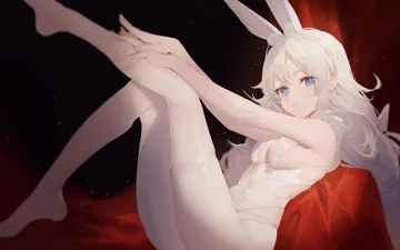 1girl animal_ear_fluff animal_ears azur_lane blue_eyes breasts closed_mouth fake_animal_ears feet hairband hand_on_own_leg hands_on_own_leg knee_up kuroduki__pieat le_malin__azur_lane le_malin__listless_lapin__azur_lane leaning_back leg_up legs leotard long_hair looking_at_viewer looking_to_the_side no_shoes official_alternate_costume rabbit_ears sideboob sitting skindentation small_breasts solo star__symbol star_shaped_pupils symbol_shaped_pupils thighhighs very_long_hair white_hair white_hairband white_leotard white_thighhighs