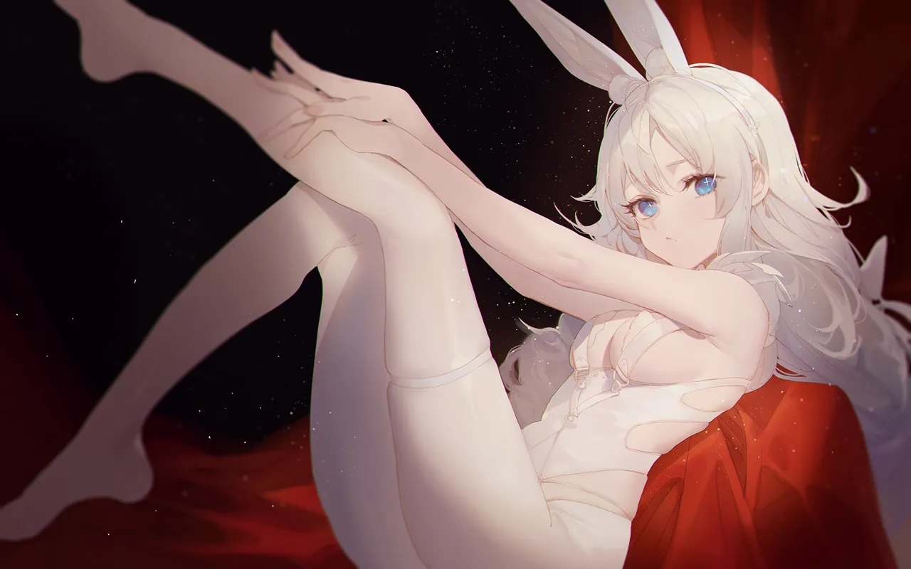 1girl animal_ear_fluff animal_ears azur_lane blue_eyes breasts closed_mouth fake_animal_ears feet hairband hand_on_own_leg hands_on_own_leg knee_up kuroduki__pieat le_malin__azur_lane le_malin__listless_lapin__azur_lane leaning_back leg_up legs leotard long_hair looking_at_viewer looking_to_the_side no_shoes official_alternate_costume rabbit_ears sideboob sitting skindentation small_breasts solo star__symbol star_shaped_pupils symbol_shaped_pupils thighhighs very_long_hair white_hair white_hairband white_leotard white_thighhighs
