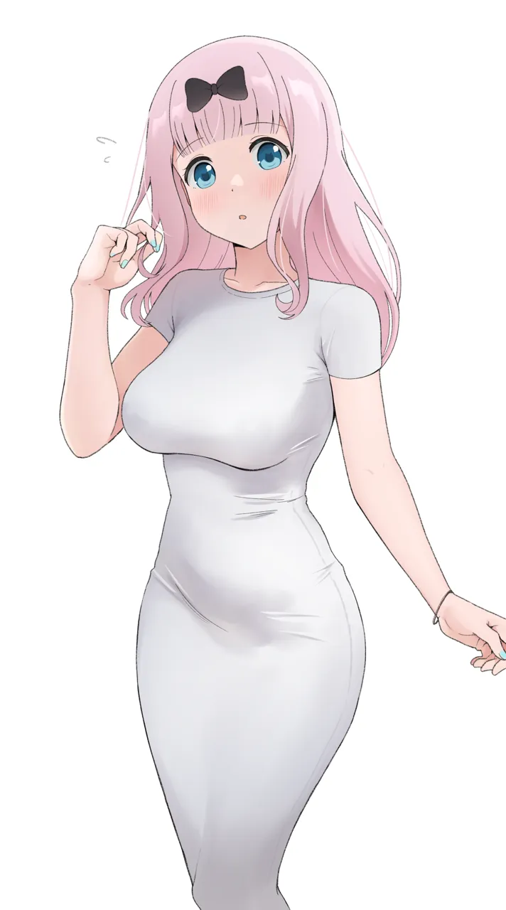_o 1girl black_bow blue_eyes blue_nails blunt_bangs blush bow bracelet breasts coro_fae covered_nipples dot_nose dress feet_out_of_frame fingernails flying_sweatdrops fujiwara_chika hair_bow hand_up jewelry kaguya_sama_wa_kokurasetai__tensai_tachi_no_renai_zunousen large_breasts long_dress long_hair looking_at_viewer nail_polish no_bra parted_lips pink_hair playing_with_own_hair see_through_clothes see_through_dress see_through_shirt shirt short_sleeves sidelocks simple_background skin_tight solo standing taut_clothes taut_dress tight_clothes tight_dress white_background white_dress