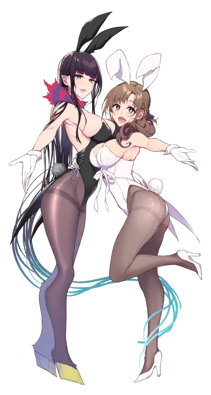 2girls absurdly_long_hair ane_naru_mono animal_ears armpits black_hair black_leotard black_pantyhose braid breasts brown_hair chiyo__ane_naru_mono fake_animal_ears fishnet_pantyhose fishnets fur_collar gloves hair_ribbon high_heels hooves large_breasts leotard long_hair mature_female mole mole_under_eye multiple_girls oosuki_mamako open_mouth outstretched_arm pantyhose playboy_bunny pochi__pochi_goya profile rabbit_ears rabbit_tail ribbon simple_background strapless strapless_leotard tail tsuujou_kougeki_ga_zentai_kougeki_de_ni_kai_kougeki_no_okaasan_wa_suki_desu_ka very_long_hair white_background white_gloves white_leotard