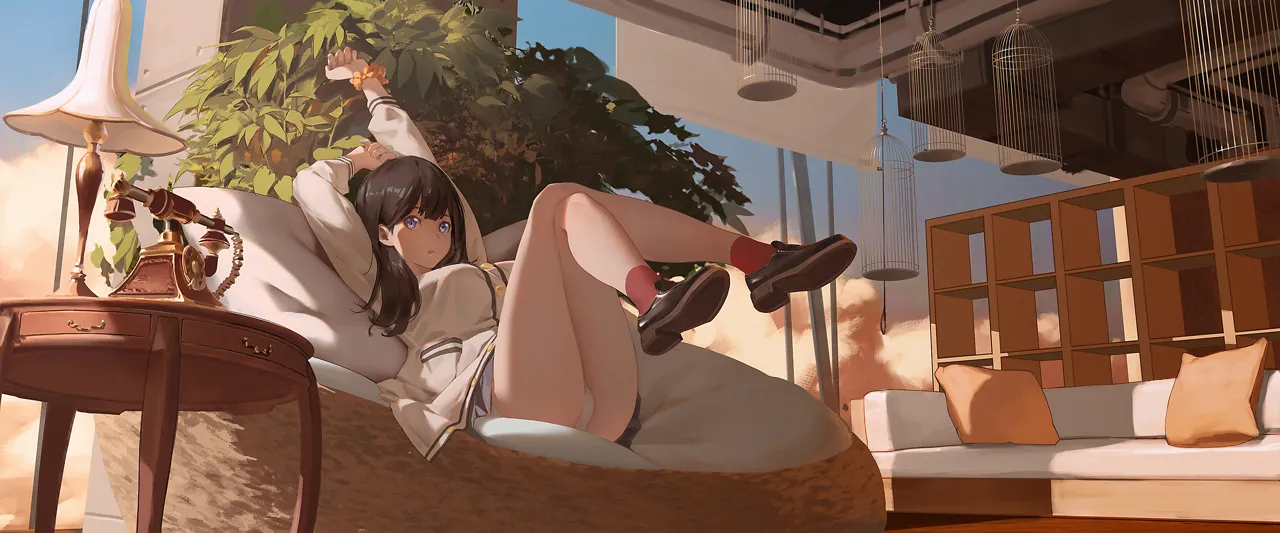 1girl antique_phone arms_up bare_legs birdcage black_hair black_shoes cage cardigan couch crossed_legs full_body indoors lamp legs legs_up long_hair long_sleeves looking_at_viewer panties pantyshot parted_lips phone pillow plant purple_eyes red_socks rotary_phone scrunchie shoes sitting socks solo table underwear white_cardigan white_panties wrist_scrunchie ribao gridman_universe ssss_gridman takarada_rikka