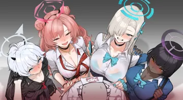 1boy 4girls asuna__blue_archive asuna__school_uniform__blue_archive asymmetrical_bangs blue_archive blue_eyes blue_halo blush bow bowtie bra bra_visible_through_clothes breasts choker cleavage dark_skin dark_skinned_female demon_horns doodle_sensei__blue_archive double_bun erika__blue_archive grey_hair grin gyaru hair_bun hair_over_one_eye hair_ribbon halo harem hetero horns jewelry karin__blue_archive karin__school_uniform__blue_archive kirara__blue_archive large_breasts long_bangs long_hair long_sleeves makarony multiple_girls necklace nervous_sweating nose_blush one_eye_covered pink_hair purple_halo ribbon school_uniform see_through_clothes see_through_shirt sensei__blue_archive shirt short_hair small_breasts smile surrounded sweat swept_bangs underwear very_dark_skin white_hair white_shirt