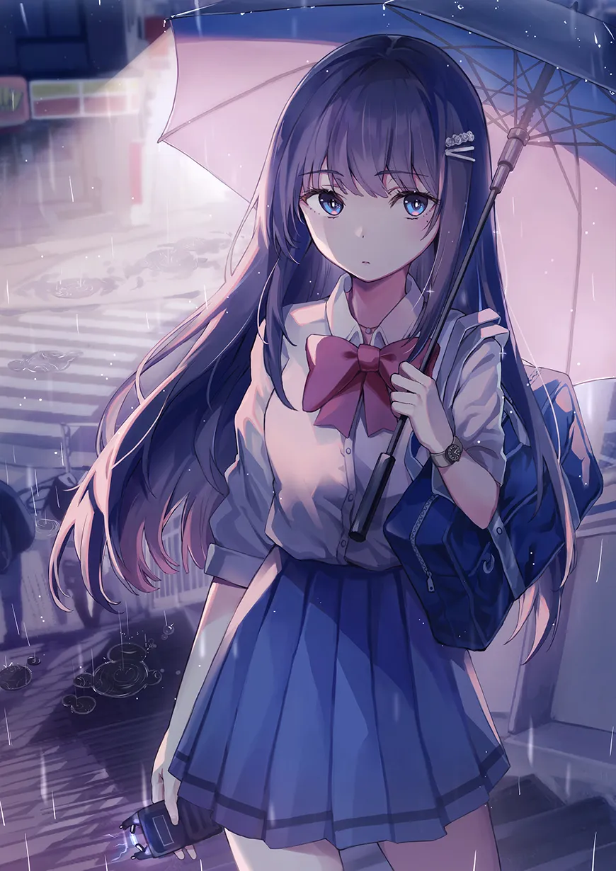 1girl backlighting bag blue_eyes blue_skirt bow bowtie collared_shirt contrapposto cowboy_shot crosswalk dress_shirt hair_ornament hairclip holding holding_bag holding_umbrella jewelry long_hair long_sleeves necklace night outdoors pleated_skirt purple_hair rain red_bow road school_bag school_uniform shirt skirt sleeves_rolled_up solo street stun_gun umbrella very_long_hair watch wristwatch rangu yandere_chan__unjem