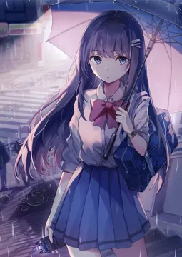 1girl backlighting bag blue_eyes blue_skirt bow bowtie collared_shirt contrapposto cowboy_shot crosswalk dress_shirt hair_ornament hairclip holding holding_bag holding_umbrella jewelry long_hair long_sleeves necklace night outdoors pleated_skirt purple_hair rain red_bow road school_bag school_uniform shirt skirt sleeves_rolled_up solo street stun_gun umbrella very_long_hair watch wristwatch rangu yandere_chan__unjem