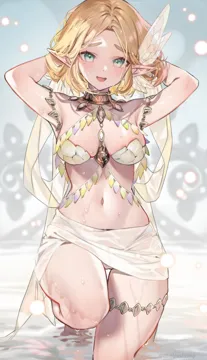 1girl alternate_costume aqua_eyes armpits arms_behind_head arms_up bare_shoulders barefoot between_breasts bikini blonde_hair blush breasts breasts_apart collarbone cosplay great_fairy__zelda great_fairy__zelda__cosplay green_eyes hair_ornament hand_in_own_hair hands_in_hair jewelry kneeling looking_at_viewer medium_breasts navel necklace open_mouth outdoors parted_bangs pointy_ears princess_zelda sarong shell shell_bikini short_hair shuri__84k smile solo standing stomach swimsuit the_legend_of_zelda the_legend_of_zelda__tears_of_the_kingdom thick_eyebrows twitter_username wading water wet white_bikini