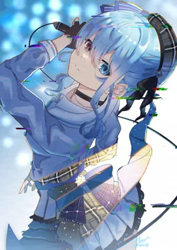 1girl beret black_gloves blue_eyes blue_hair bow bowtie closed_mouth fingerless_gloves from_above from_behind fusion glitch gloves hat heterochromia holding holding_microphone long_sleeves looking_at_viewer looking_back looking_up microphone purple_eyes sidelocks signature solo virtual_youtuber wire maria_onnette hololive hoshimachi_suisei__hololive hoshimachi_suisei__1st_costume__hololive hoshimachi_suisei__school_uniform__hololive