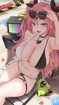 1girl amillion__zenless_zone_zero armpits bangboo__zenless_zone_zero bikini black_bikini black_choker blush breasts choker crt green_eyes hair_ornament hairclip large_breasts lillly long_hair looking_at_viewer mole mole_on_breast mole_on_thigh multicolored_bikini navel nicole_demara o_ring o_ring_thigh_strap open_mouth pink_hair sitting skindentation smile solo stomach swimsuit television thigh_strap thighs two_side_up two_tone_bikini very_long_hair white_bikini zenless_zone_zero